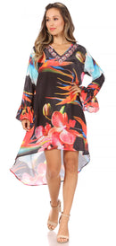 Sakkas Rema Women's Boho Shift Tunic High Low V-neck Long Sleeve Dress with Print