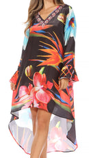 Sakkas Rema Women's Boho Shift Tunic High Low V-neck Long Sleeve Dress with Print