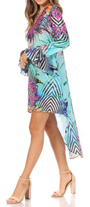 Sakkas Rema Women's Boho Shift Tunic High Low V-neck Long Sleeve Dress with Print