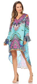 Sakkas Rema Women's Boho Shift Tunic High Low V-neck Long Sleeve Dress with Print