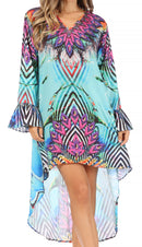 Sakkas Rema Women's Boho Shift Tunic High Low V-neck Long Sleeve Dress with Print