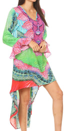 Sakkas Rema Women's Boho Shift Tunic High Low V-neck Long Sleeve Dress with Print