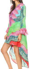 Sakkas Rema Women's Boho Shift Tunic High Low V-neck Long Sleeve Dress with Print