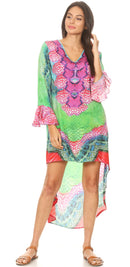 Sakkas Rema Women's Boho Shift Tunic High Low V-neck Long Sleeve Dress with Print