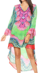 Sakkas Rema Women's Boho Shift Tunic High Low V-neck Long Sleeve Dress with Print