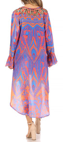 Sakkas Rema Women's Boho Shift Tunic High Low V-neck Long Sleeve Dress with Print