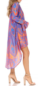 Sakkas Rema Women's Boho Shift Tunic High Low V-neck Long Sleeve Dress with Print