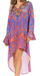 Sakkas Rema Women's Boho Shift Tunic High Low V-neck Long Sleeve Dress with Print