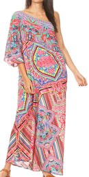 Sakkas Dora Women's One Shoulder Short Sleeve Casual Elegant Maxi Dress with Print