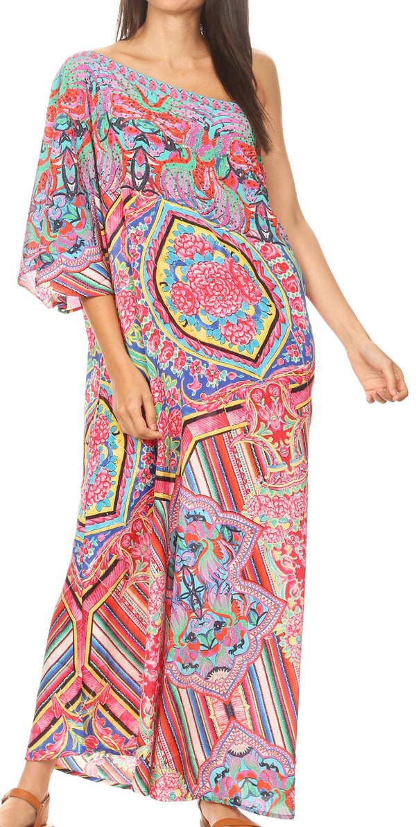 Sakkas Dora Women's One Shoulder Short Sleeve Casual Elegant Maxi Dress with Print#color_ORM286-Multi