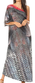 Sakkas Dora Women's One Shoulder Short Sleeve Casual Elegant Maxi Dress with Print#color_SCBK285-Black