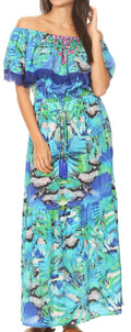 Sakkas Tara Women's Long Maxi Boho Off Shoulder Summer Casual Dress Floral Print#color_NB258-Blue