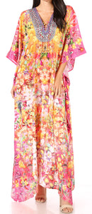 Sakkas Yeni Women's Short Sleeve V-neck Summer Floral Long Caftan Dress Cover-up