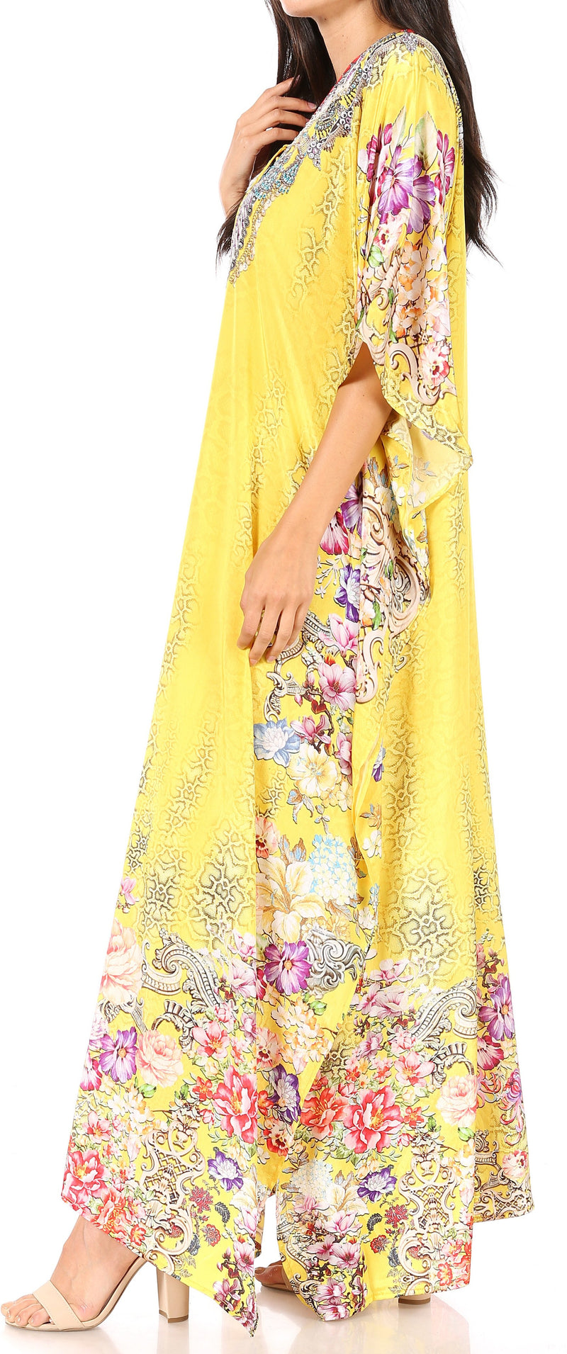 Sakkas Yeni Women's Short Sleeve V-neck Summer Floral Long Caftan Dress Cover-up