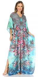 Sakkas Yeni Women's Short Sleeve V-neck Summer Floral Long Caftan Dress Cover-up