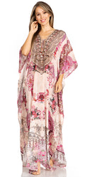 Sakkas Yeni Women's Short Sleeve V-neck Summer Floral Long Caftan Dress Cover-up#color_495