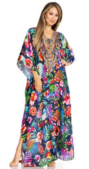 Sakkas Yeni Women's Short Sleeve V-neck Summer Floral Long Caftan Dress Cover-up