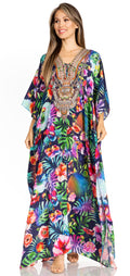 Sakkas Yeni Women's Short Sleeve V-neck Summer Floral Long Caftan Dress Cover-up#color_498