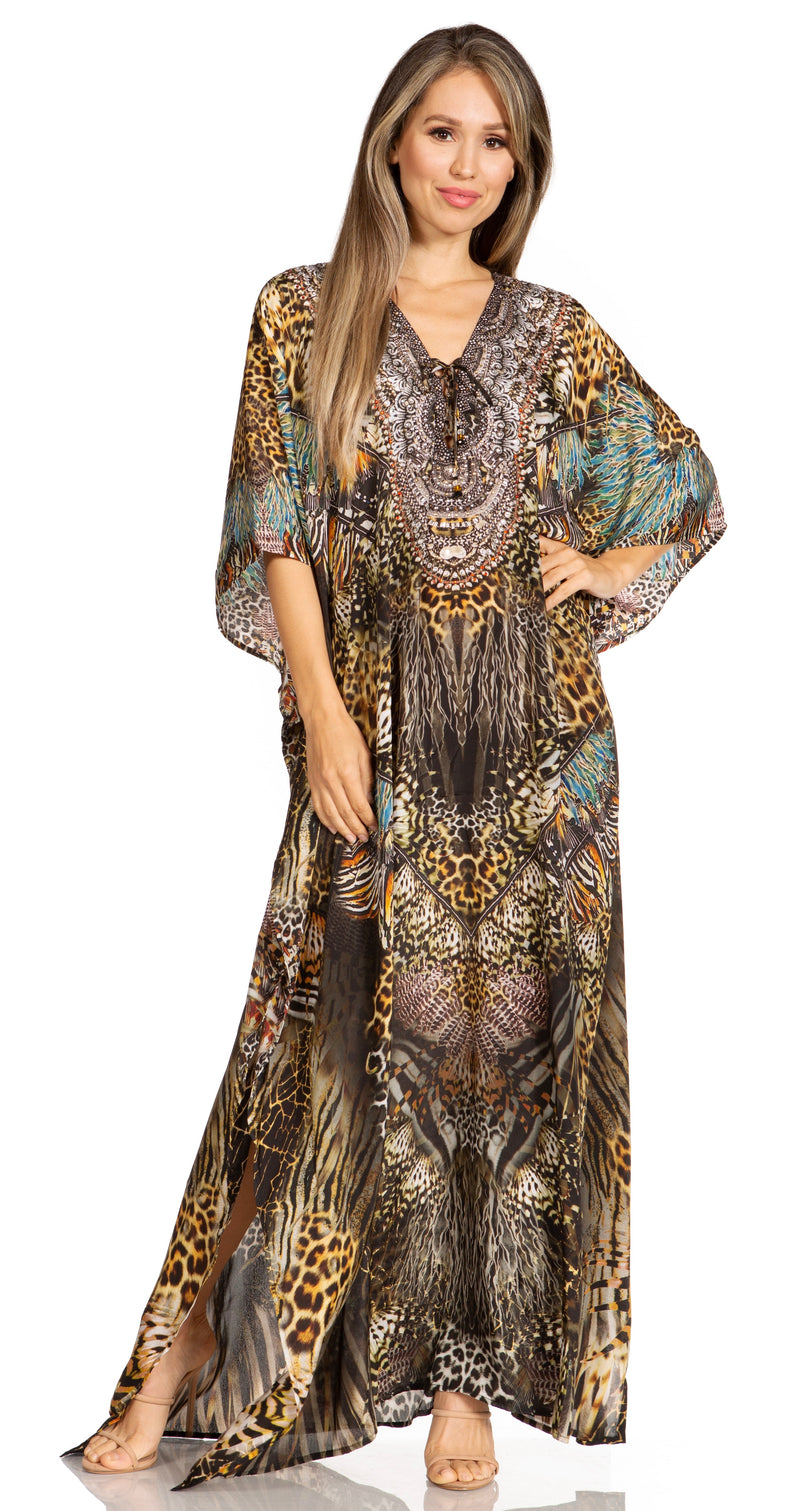 Sakkas Yeni Women's Short Sleeve V-neck Summer Floral Long Caftan Dress Cover-up