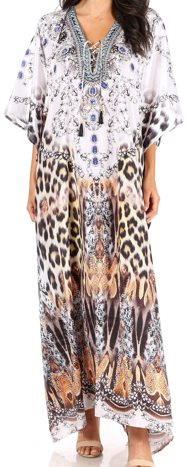 Sakkas Yeni Women's Short Sleeve V-neck Summer Floral Long Caftan Dress Cover-up#color_CTM385-Multi