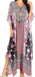Sakkas Yeni Women's Short Sleeve V-neck Summer Floral Long Caftan Dress Cover-up#color_TM390-Multi