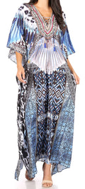 Sakkas Yeni Women's Short Sleeve V-neck Summer Floral Long Caftan Dress Cover-up#color_TRB388-Blue