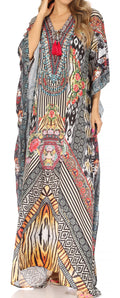 Sakkas Yeni Women's Short Sleeve V-neck Summer Floral Long Caftan Dress Cover-up#color_TRM386-Multi