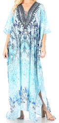 Sakkas Yeni Women's Short Sleeve V-neck Summer Floral Long Caftan Dress Cover-up#color_TTU389-Turquoise