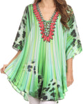 Sakkas Tallulah Wide Circle Blouse V Neck Top With Tassle Ties And Rhinestones#color_BrightGreen/Multi