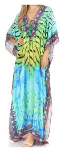 Sakkas  Georgettina Flowy  Rhinestone V Neck Long Caftan Dress / Cover Up