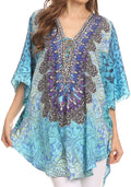 Sakkas Tallulah Wide Circle Blouse V Neck Top With Tassle Ties And Rhinestones#color_Turquoise/Multi