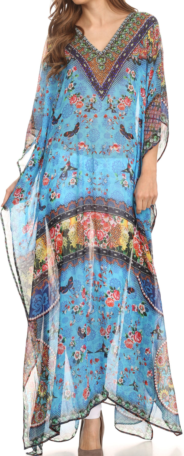 Sakkas Wilder  Printed Design Long Sheer Rhinestone Caftan Dress / Cover Up#color_TurquoiseBrightGreen/Multi