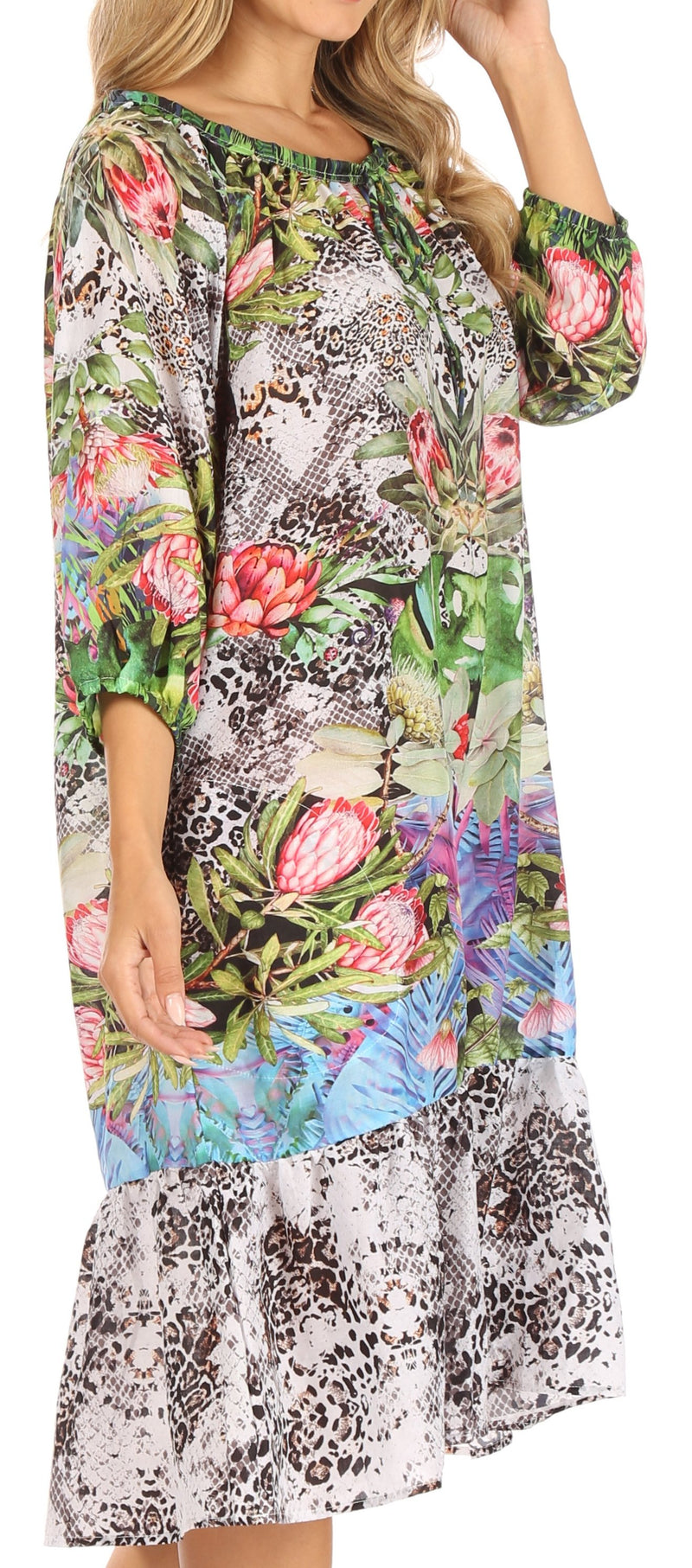 Sakkas Laura Women's 3/4 Sleeve Swing Floral Boho Midi Dress Cover-up Side Pockets