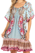 Sakkas Eliza Women's Cocktail Short Sleeve Floral Print Boho Dress Summer Casual#color_TTU375-Turquoise