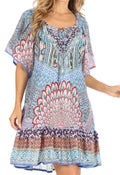 Sakkas Eliza Women's Cocktail Short Sleeve Floral Print Boho Dress Summer Casual#color_UTU376-Turquoise