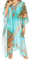 Sakkas Kristy Long Tall Lightweight Caftan Dress / Cover Up With V-Neck Jewels#color_17115-TurquoiseOrange