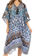 Sakkas Kristy Long Tall Lightweight Caftan Dress / Cover Up With V-Neck Jewels#color_17119-BlackWhiteTurquoise