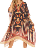 Sakkas Kristy Long Tall Lightweight Caftan Dress / Cover Up With V-Neck Jewels#color_17121-BlackWhite
