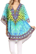 Sakkas Tallulah Wide Circle Blouse V Neck Top With Tassle Ties And Rhinestones#color_Turquoise/Yellow