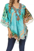 Sakkas Tallulah Wide Circle Blouse V Neck Top With Tassle Ties And Rhinestones#color_Turquoise/Brown