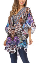 Sakkas Tallulah Wide Circle Blouse V Neck Top With Tassle Ties And Rhinestones