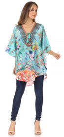 Sakkas Tallulah Wide Circle Blouse V Neck Top With Tassle Ties And Rhinestones
