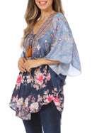 Sakkas Tallulah Wide Circle Blouse V Neck Top With Tassle Ties And Rhinestones