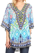 Sakkas Tallulah Wide Circle Blouse V Neck Top With Tassle Ties And Rhinestones#color_MT54-Turquoise