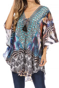 Sakkas Tallulah Wide Circle Blouse V Neck Top With Tassle Ties And Rhinestones#color_SCBR226-Brown