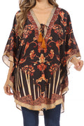 Sakkas Tallulah Wide Circle Blouse V Neck Top With Tassle Ties And Rhinestones#color_TBK33-Black