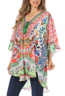 Sakkas Tallulah Wide Circle Blouse V Neck Top With Tassle Ties And Rhinestones