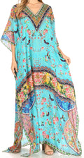 Sakkas Anahi Flowy Design V Neck Long Caftan Dress / Cover Up With Rhinestone#color_17166-TurquoiseMulti
