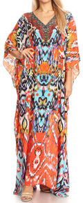 Sakkas Anahi Flowy Design V Neck Long Caftan Dress / Cover Up With Rhinestone#color_17167-OrangeMulti