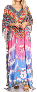 Sakkas Anahi Flowy Design V Neck Long Caftan Dress / Cover Up With Rhinestone#color_17176-Pink/Orange